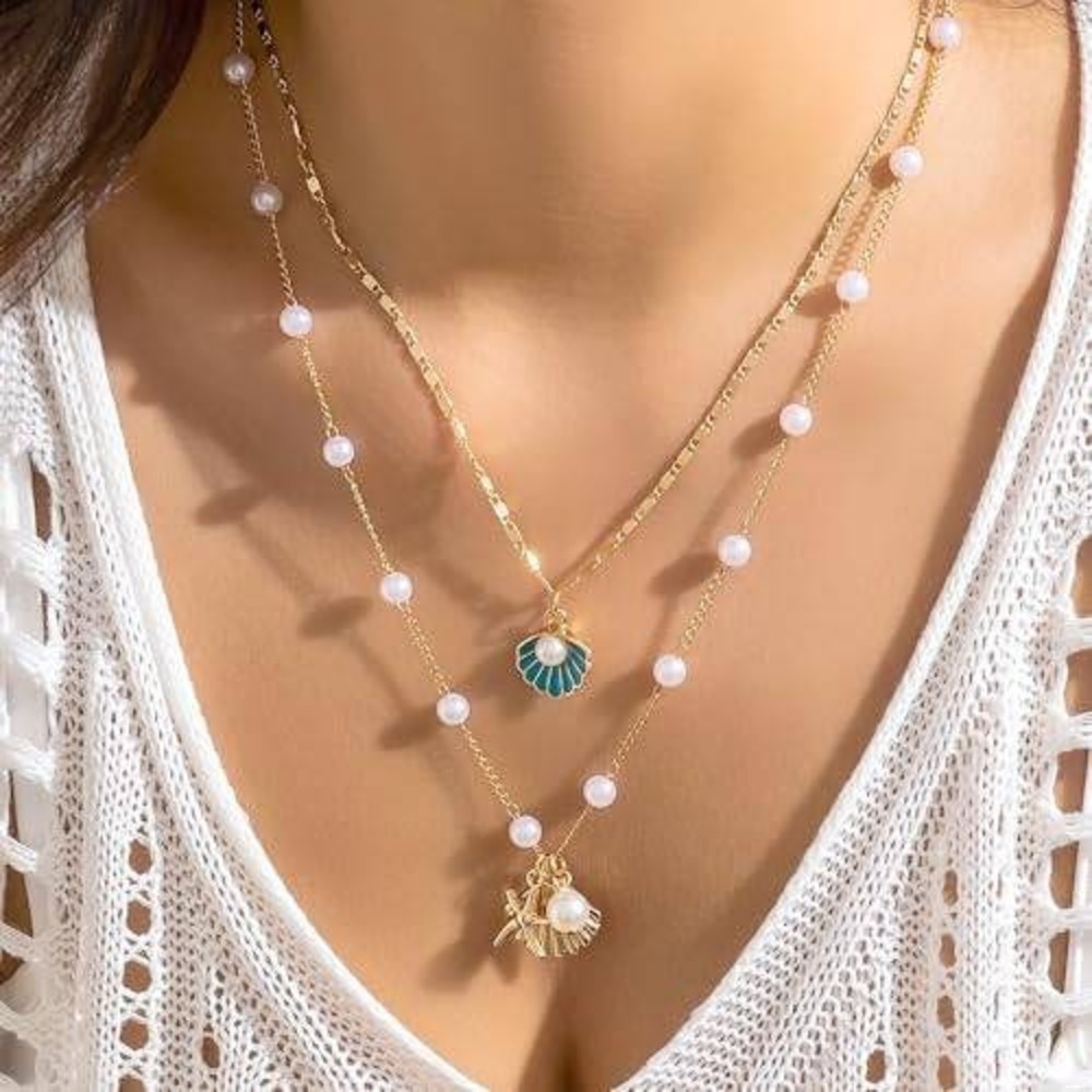 Gold Layered Shell Pearl Necklace Teal Enamel‎ Seashell Coastal Beach Jewelry